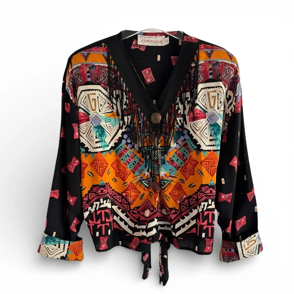 Vintage Marsha and Julio for Componix Boho Art Shirt 80s 90s Statement Top SZ 8 - Picture 2 of 12
